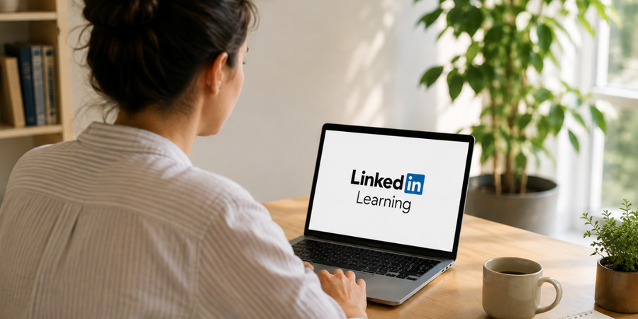 PAU employee using LinkedIn Learning on a laptop.