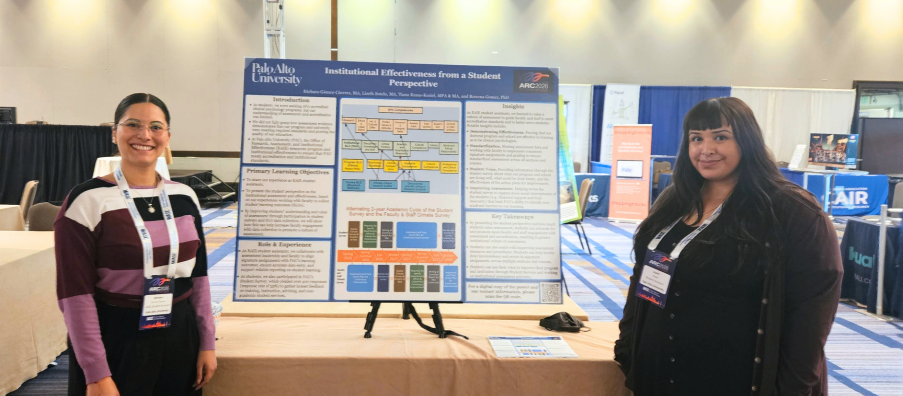 PAU students Bárbara Gómez-Cáceres and Lizeth Sotelo stand beside their award-winning research poster, "Institutional Effectiveness from a Student Perspective," at the 2026 WSCUC Academic Resource Conference.