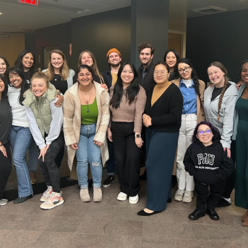 A large group photo of the MS in Psychology students with some faculty and TAs during their Spring Intensive.